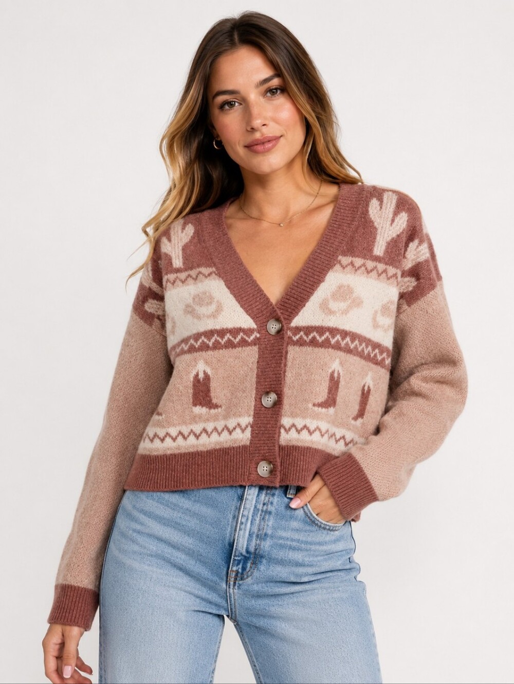 Debut Pink and Cream Western Motif Cardigan Sweater